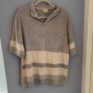POL Women's Half-Zip Blouse in Gray and Cream